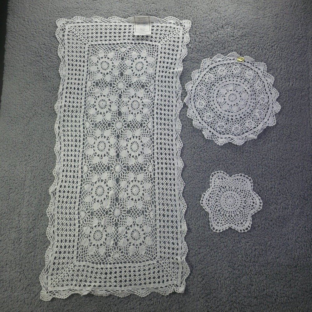 Elegance in Crochet by Tessile 9pc Set White Cotton Table Runner Doilies Coaster